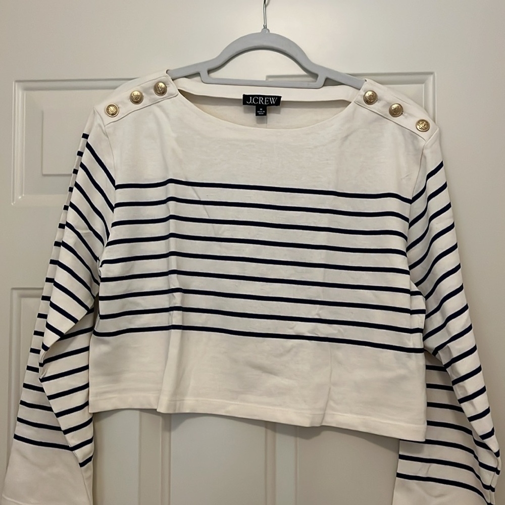 J. Crew Cropped Boatneck T-shirt with Buttons in Mariner Cotton/NWT/M - Picture 12 of 13